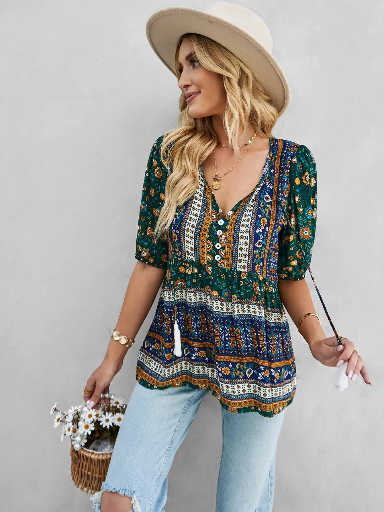 Women's Casual Boho Floral Printed Beach Blouses