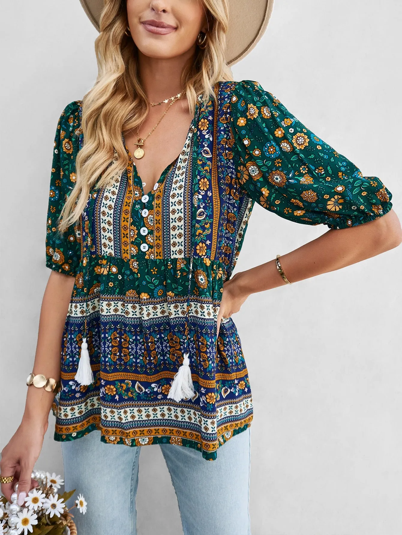 Women's Casual Boho Floral Printed Beach Blouses