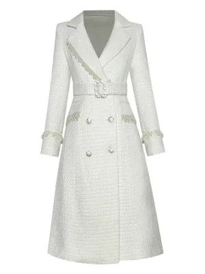 Women's Classic Luxe White Tweed Long Coat