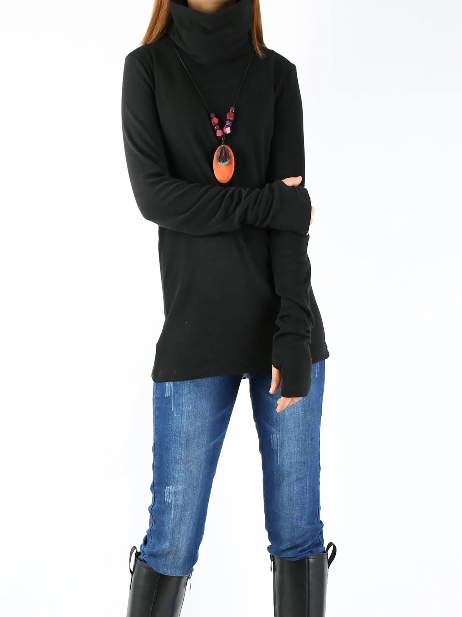 Women's cotton bottoming top/thumb-hole sleeve t-shirt/black top/plus size customized top(Y2019)