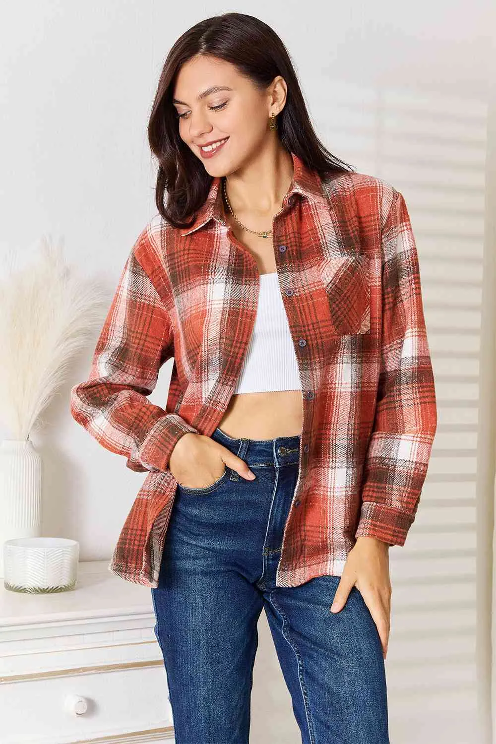 Women's Double Take Plaid Collared Neck Long Sleeve Shirt