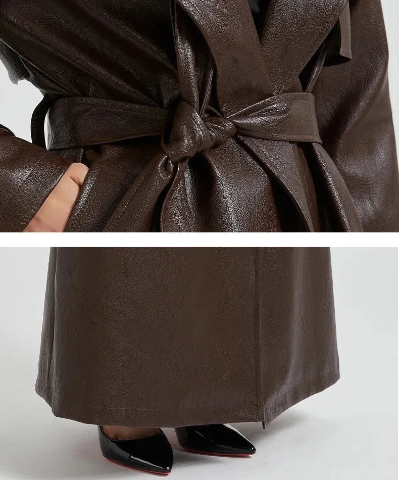 Women's Ultra Long Faux Leather Trench Coat