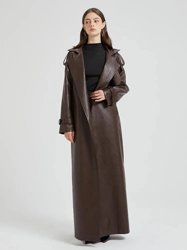 Women's Ultra Long Faux Leather Trench Coat