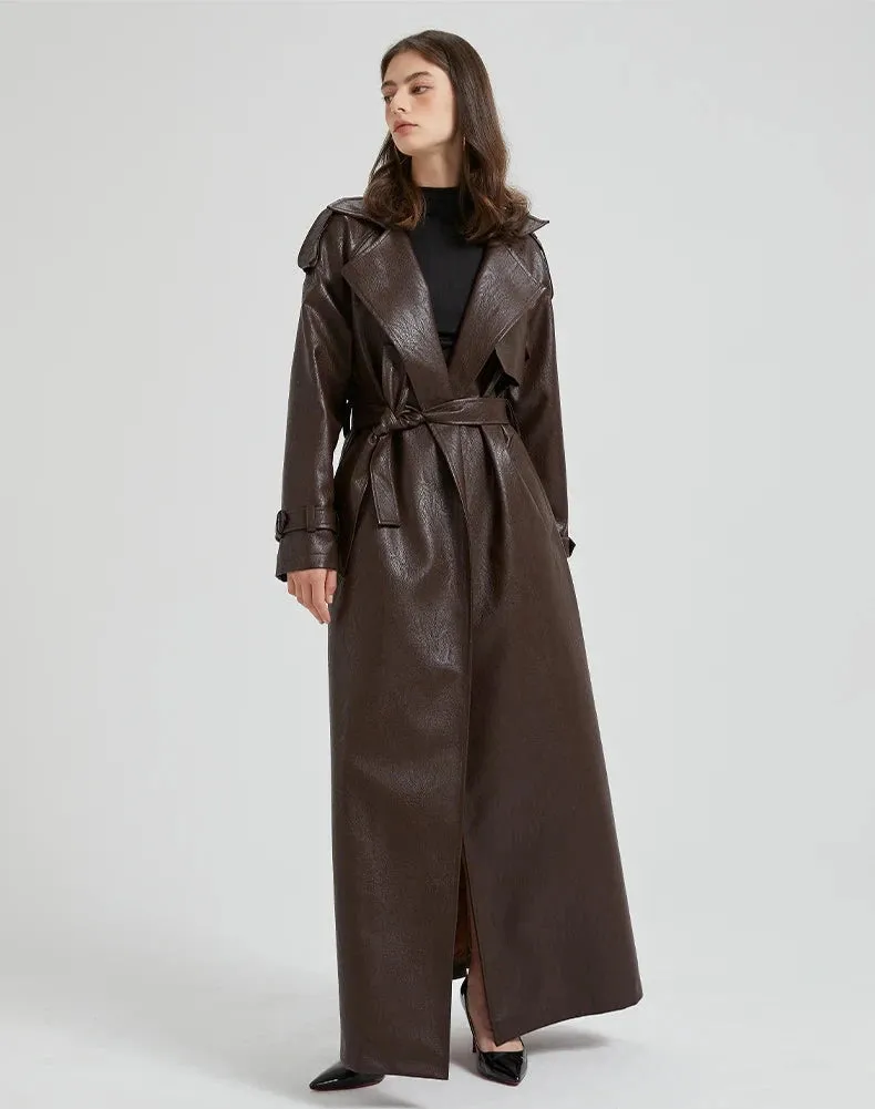 Women's Ultra Long Faux Leather Trench Coat